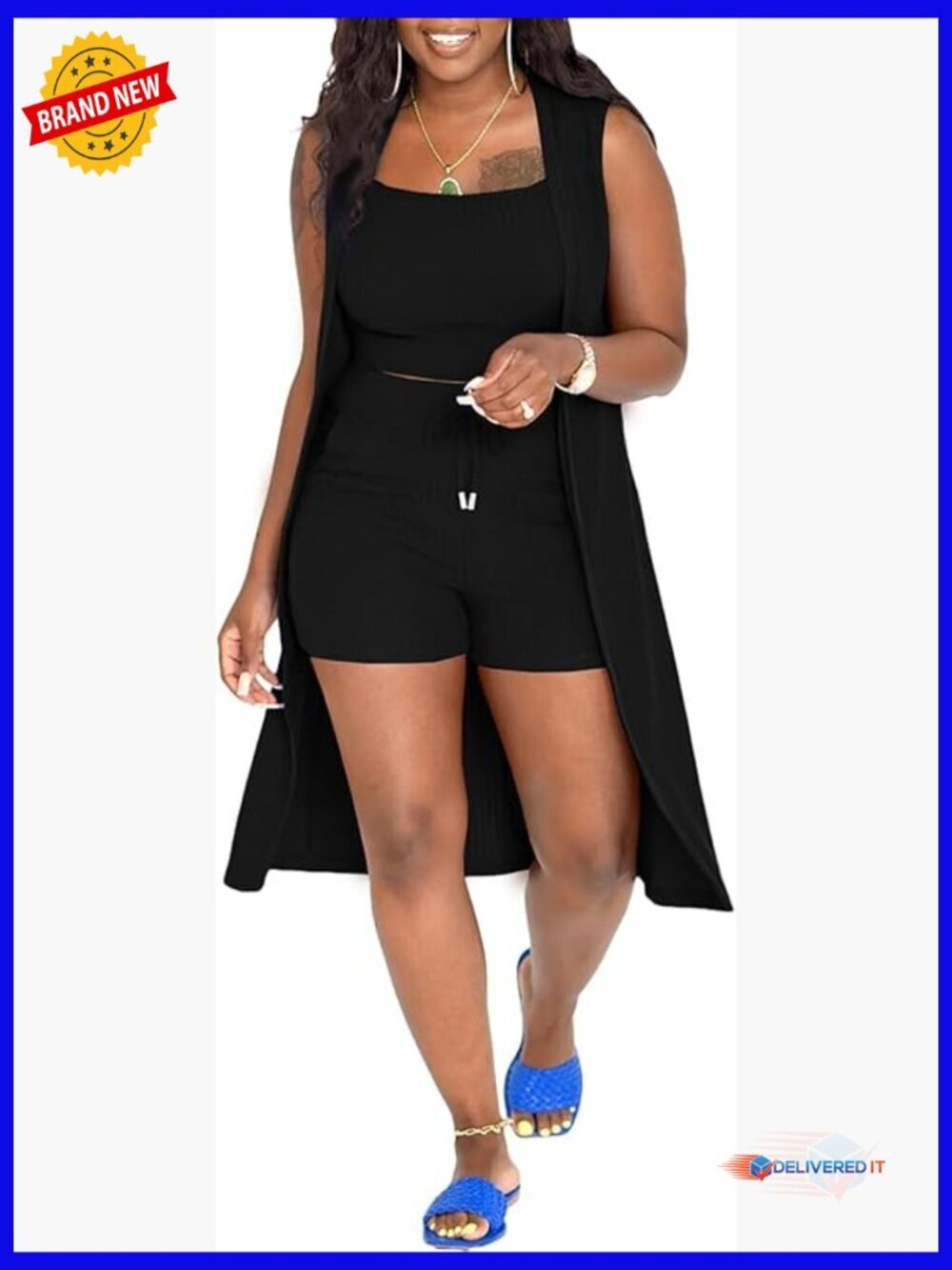Ribbed Knit 3 Piece Lounge Set Crop Top Bodycon Shorts Cardigan